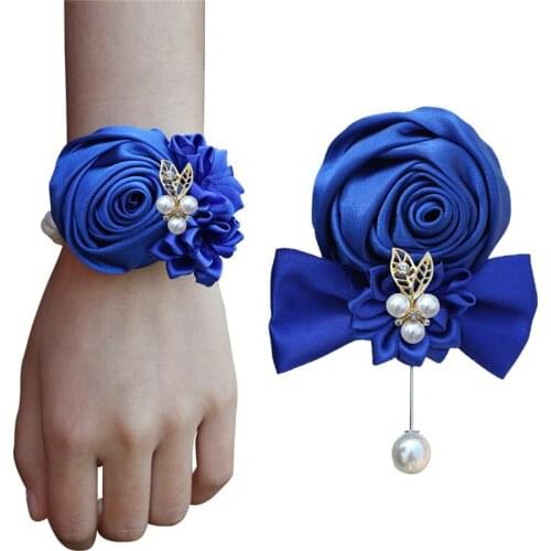 Corsage Boutonniere Bridal Silk Wrist Flower With Faux Pearl Bead Elastic Wristband For Wedding Groom Suit Pin T021A