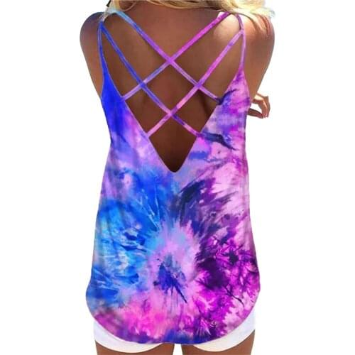 Summer Beach Backless Gradient Print Tank Top Women Back Cut Out Vest Sexy Ladies Casual Sleeveless Loose Holiday Tank Top D30