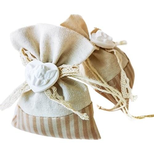 50 Pcs Pouch Hessian Jute Drawstring Candy Bags With Heart Angel Decor Bow Wedding Ring Necklace Jewelry Gift Packaging