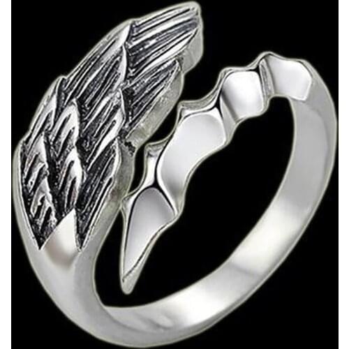 925 silver angel and devil domineering feather wings exaggerated cold wind niche design without inlay mens open adjustable ring