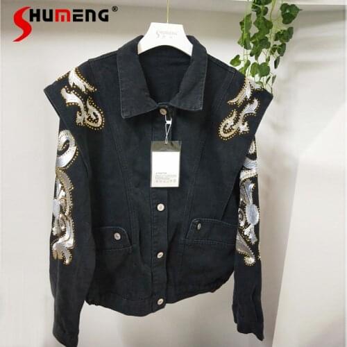 2021 Spring Autumn Women New Embroidery Hot Drilling Short Denim Jacket Ladies Fashion High-end High Street Solid Jeans Coat