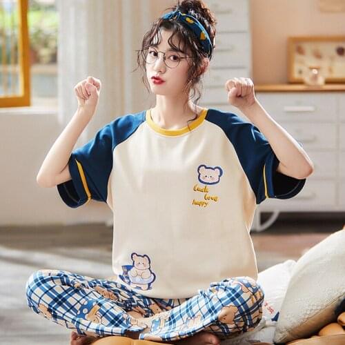 Summer Pajamas Set Short Sleeve Cute Cartoon Bears Cotton Sleepwear Women Plus Size Casual Homewear Fashion Blue Plaid Nightwear