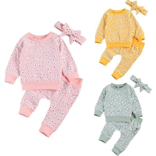 0-24M Newborn Baby Boy Girl Long Sleeve Pullover T-shirt Tops Long Pant Trouser Headband 3PCS Autumn Floral Clothes Set
