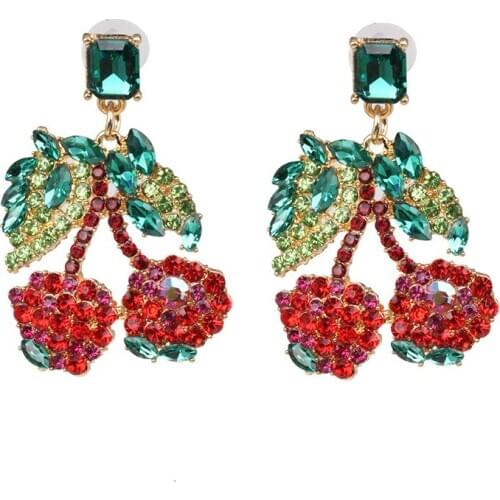 Fashion Simple Full Crystal Rhinestone Cherry Earrings Women Jewelry Accessories Cute Fruit Party Long Earring Female