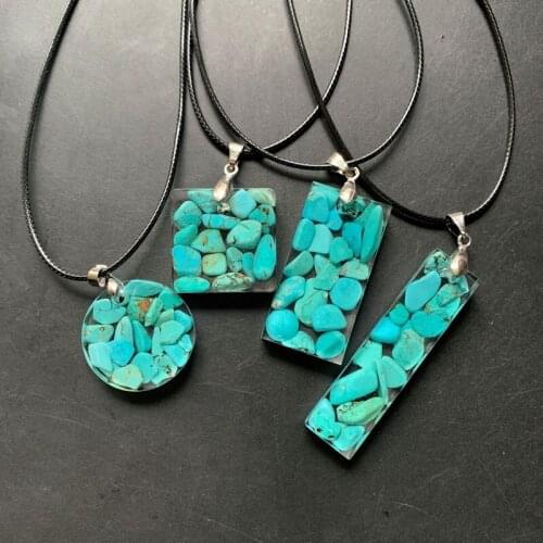 Blue Tourquoises Howlite Stone Pendant Orgonite Energy Necklace Resin Healing Stone Chips Necklace Geometric Jewelry Rope Chain