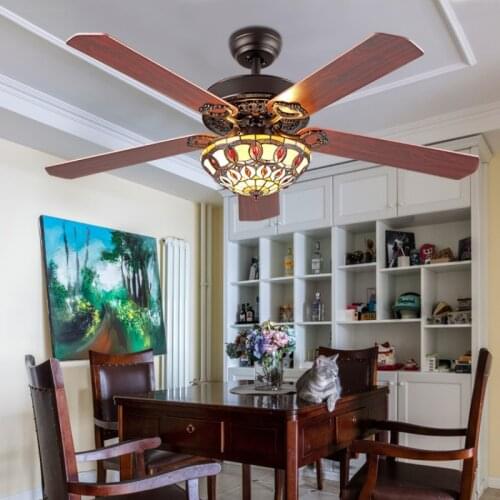 LED Ceiling Fan American Tiffany Living Room Dining Room Retro Remote Control Konoha 52 Inch Electric Celing Fan with Light