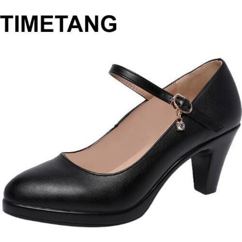 TIMETANG Autumn New Stylish Rhinestone Breathable Cow Leather Working Shoes Women Shoes Big Size Woman Non-slip Women High Heel