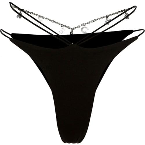 Womens Sexy Low Waist Thong Panties Rhinestone Letters Pendant Chain Strappy Lingerie Briefs Temptation T-Back G-String