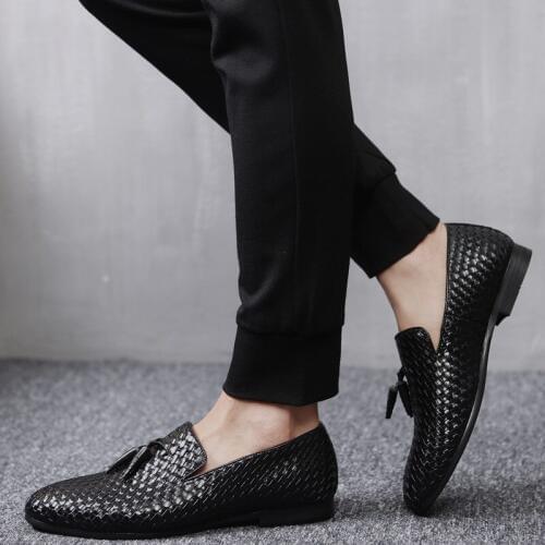 Business Pointed Mens Casual Woven Pattern Lok Fu Shoes PU Leather Driving Moccasin Flat Shoes Large Size 38-48 Dance Shoes