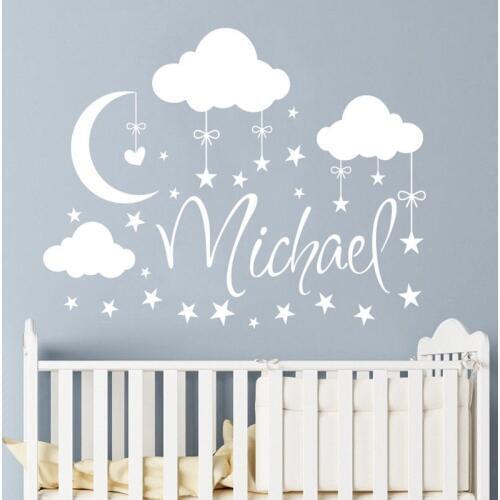 Baby Bedroom Decor Custom Any Names Wall Sticker Moon With Clouds Vinyl Decal Kids Name With Star Mural Nursery DIY Decor AF005