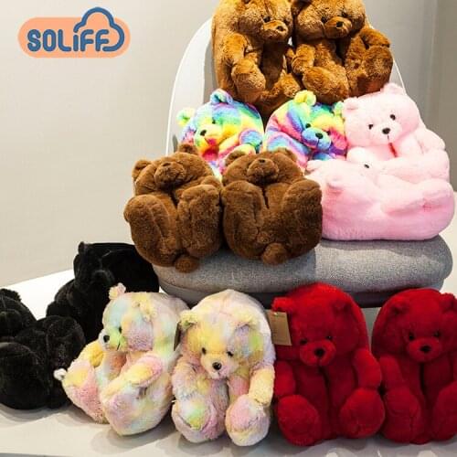 Women Home Indoor Soft anti-slip Faux Fur Cute Slippers Winter Warm Shoes Cartoon Plush Teddy Bear Slippers