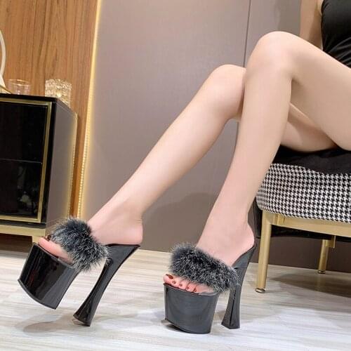 2020 New Rabbit Hair Party Super High Heels Shoes Women Summer 17cm Feather Dress Shoes Female Thick Heel Platform Sandals WS318