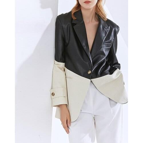 Women Suit Coat Pu Leather Spring And Autumn New Fashion Temperament Casual Collar Color Contrast Loose Stitching