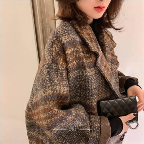 Winter Korean Overcoat Women 2020 Vintage Woolen Loose Coats female Double Breasted Turn-down Collar Overcoat