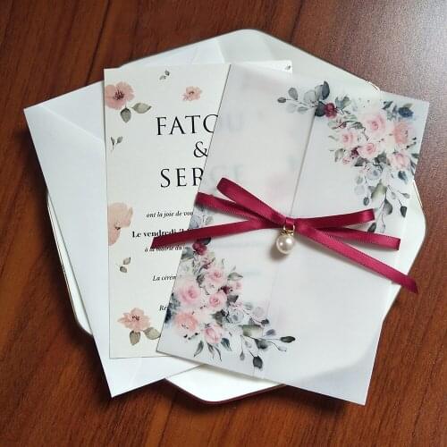 50 Pieces/Lot) Flower Printed Vellum Wedding Invitation Wrap With Rhinestone and Ribbon Envelope DIY Transparent Sweet 15 Cards