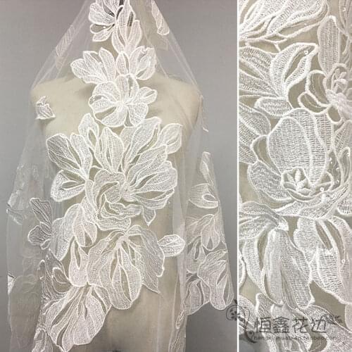 155CM white big leaf Wedding bridal Dress Applique DIY Bridal Headdress scarf veil Embroidered sequine Lace Fabric Patch curtain