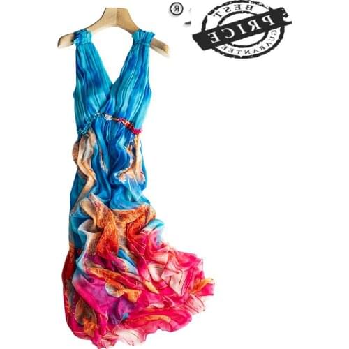 Boho Beach Summer Real Silk womens dress 2021 Vintage Print Sexy V neck Vestidos floral Elegant Party Dresses woman LW00