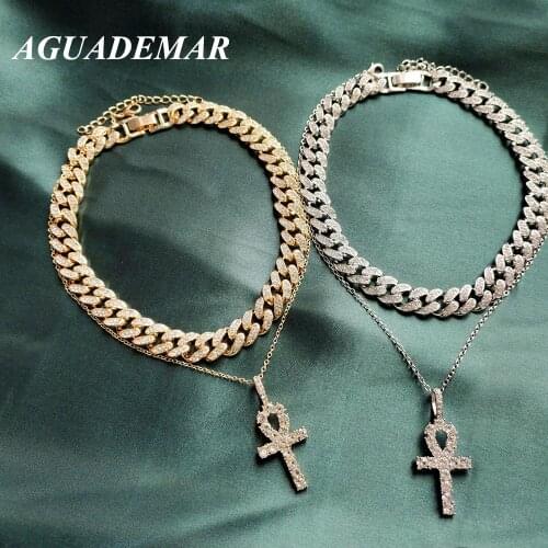 Gold Silver Color Cuban Link Chain Necklace Set Cross Pendant For Women Iced Out Miami Cuban Choker Bling Hiphop Party Jewellery