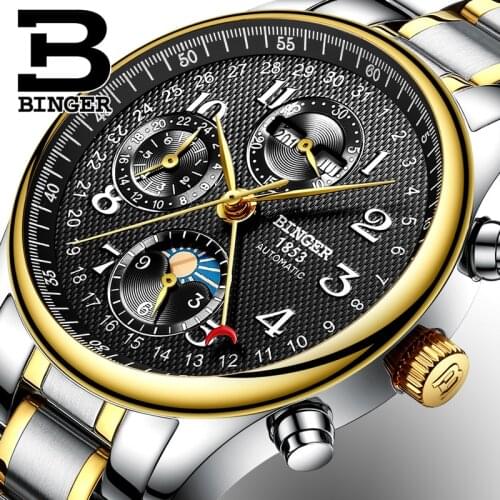 Switzerland BINGER Luxury Brand Mens Business Wristwatches Multiple Functions Moon Phase Sapphire Calendar Mechanical Date Week