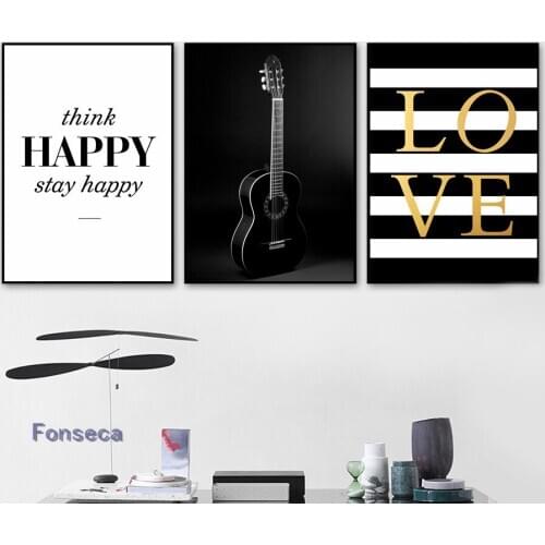 Black White Guitar Poster Happy Love Quotes Canvas Painting Nordic Wall Art Pictures For Living Room Modern Home Decoration