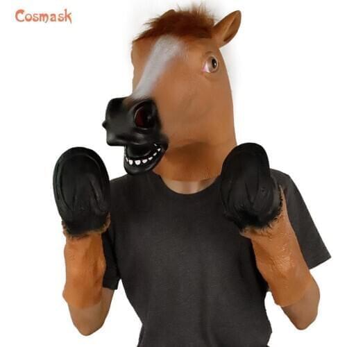 Cosmask Brown Horsehead Mask Cosplay Halloween Mask Horseshoe Suit Latex Mask Horror Mask Full Face Horse Headgear Party Mask