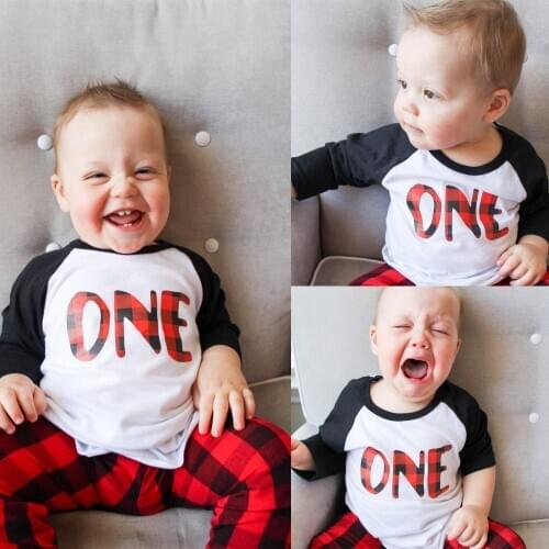 First Birthday Buffalo Plaid Party ONE Toddler Boy Ralgan Long Sleeve Tshirt Kids Spring/autumn Casual Tee Shirts Tops Tee
