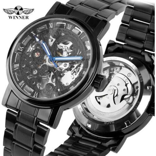 Mens Automatic Skeleton Dial Mechanical Watch Stainless Steel Band Self-Wind Watch for Teenagers Business Watches for Men