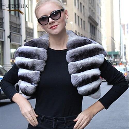 FUREALUX New Natural Real Rex Rabbit Fur Leather Grass Short Coat Winter Fashion Temperament Striped Style Womens Fur Vest