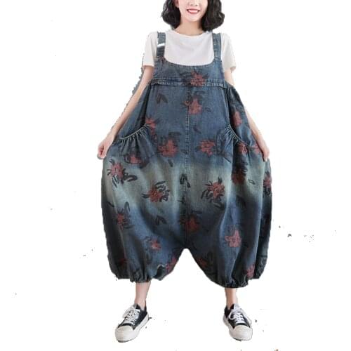 Gipsy Vintage Retro Hippie Boho Printed Loose Baggy Casual Pocket Jumpsuit Denim Strappy Lantern Pants Women Spring Overalls