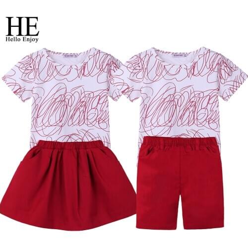 HE Hello Enjoy Family Matching Clothes Big Sister Brother Sets Autumn Short Sleeves Graffiti T-shirt+Skirt/Shorts Look Outfits