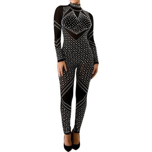 Women Shiny Rhinestone Jumpsuits Sexy See Through O Neck Sheath Rompers Winter Full Sleeve Zipper Nightclub Birthday partys