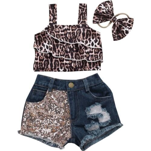 Kids Girls Summer Clothing Sets Fashion Girls Sleeveless Ruffles Vest Tops+Sequins Patchwork Denim Shorts+Headband Outfits