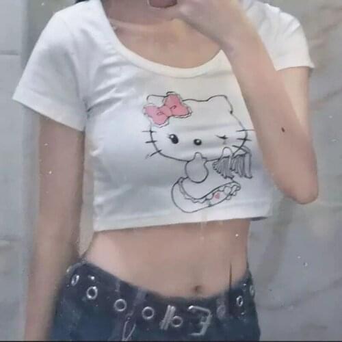 Summer Korean Japanese Soft Girl Loose Ultra Short-sleeved T-shirt Cat Print Girl White T-shirt Female Student Tops Graphic Tee