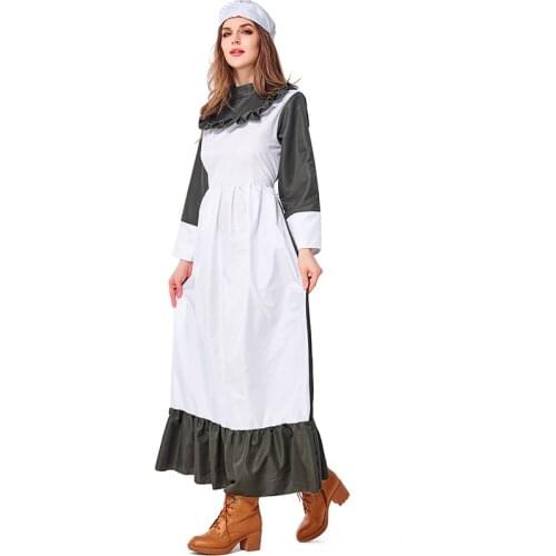 California Adult Maid Fancy Costume Farm Pilgrim Lady Maxi Dress Cosplay Victorian Colonial Stage Kit Chef Halloween For Women