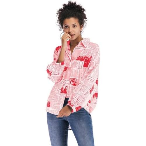 Fashion Letter Print Newspaper Womens Shirt Single Breasted Long Sleeve Shirts Female Spring Autumn Street Hipster Top 2021