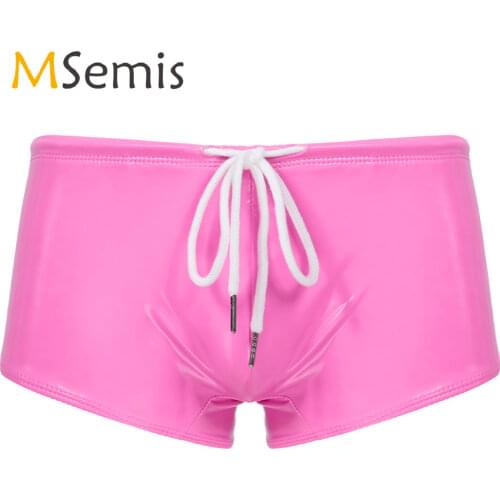 Mens Lingerie Underwear Male Swimming Trunks Wet Look Patent Leather Clubwear Low Rise Drawstring Boxer Shorts Swimwear Party