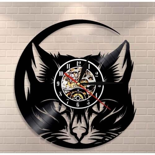 Black Cat Vinyl Record Clock Wall Art Meow Cat Head Wall Clock Cat Shop Decor Vintage Animals Cat Lover Home Decorative Clock