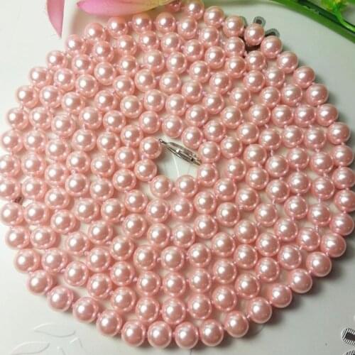Free shipping new fashion long chain 8mm pink ocean sea imitation shell pearl necklace for women pretty party gift 60''MY3325