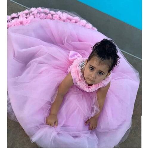 Pink Flower Girl Dresses Tulle Layers First Communion Kids Dresses Puff sleeves Bow Knot Girl Wedding Little Bride Gowns