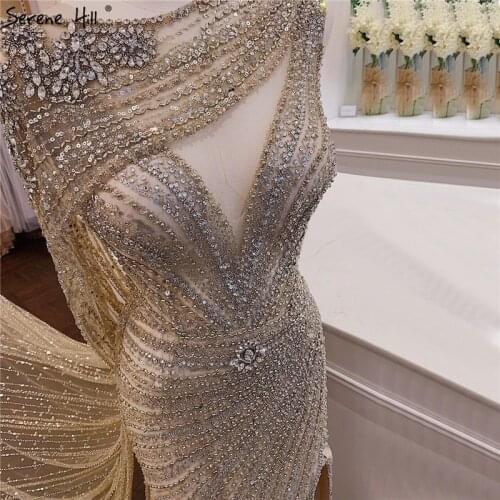 Luxury Champagne Sexy Split Evening Dresses 2021 Diamond Beading Sleeveless Mermaid Formal Dress Serene Hill LA70301