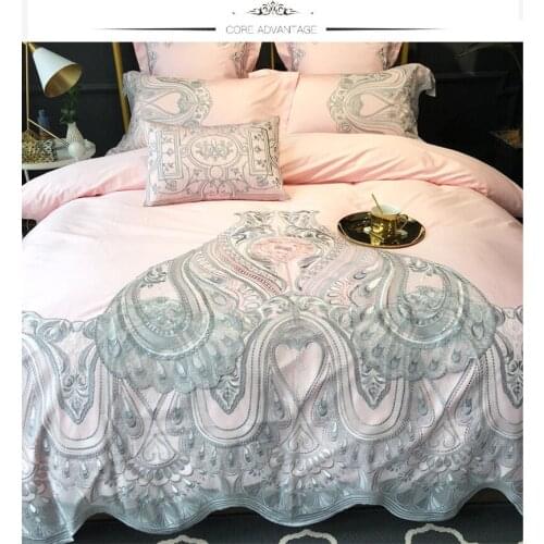 Luxury Pink120S Egyptian cotton Embroidered Bedding sets Queen King Europe Noble Lace Edge Duvet cover Bed sheet set Pillowcase