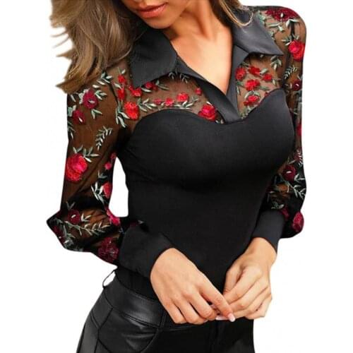 Sexy Women V Neck Long Sleeve T-Shirt Blouse Sheer See Through Floral Embroidery T-shirt Top 2021 Spring Autumn Female Clothing