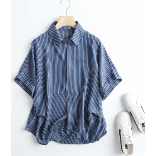 Y4510 Korean Womens Wholesale 2021 Summer New Lapel Stripe Short Sleeve Tencel Denim Shirt