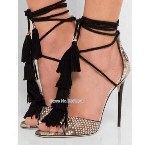 2019 Sexy Peep Toe Ankle Strap High Heeled Women Sandals Fashion Tassel Faux Snake Leather Sandals Summer Women Party Shoes
