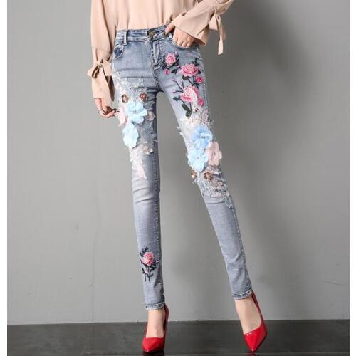 Womens Korean Fashion Flower embroidery Slim Jeans Female Sexy Jeans Plus Size long pants TB644