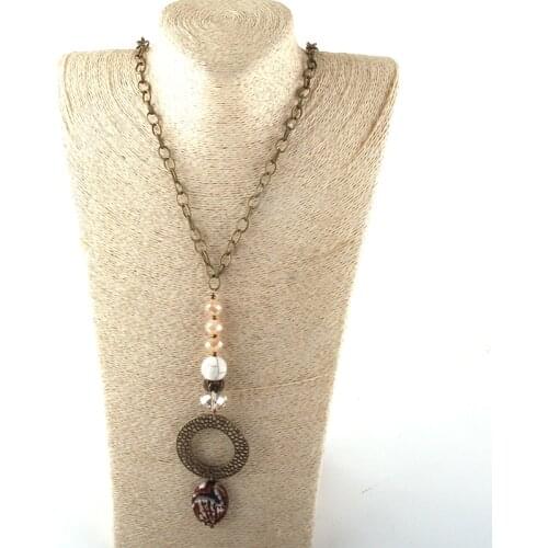New Styles Fashion Jewelry Long Chain Crystal & Netal Link Natural Stone Pendant Necklaces For Women Ethnic Necklace