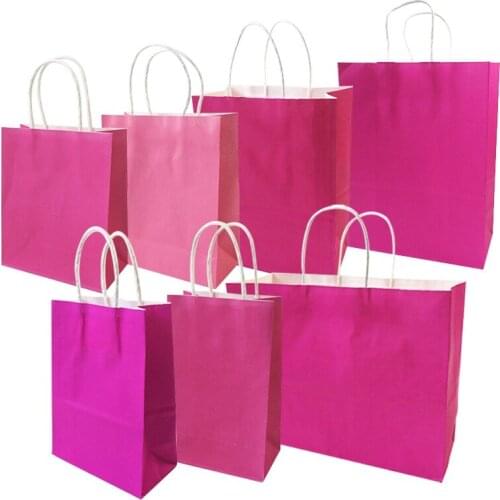 10 Pcs/lot Festival Gift Kraft Bag Hot Pink Shopping Bags DIY Multifunction Recyclable Paper Bag With Handles 7 Size Optional