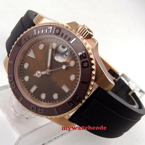 40mm Bliger brown dial sapphire crystal date window rubber strap rose golden case automatic mens watch B262