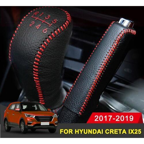 Genuine Leather Covers For Hyundai creta ix25 2017-2019 Accessories Car handbrake Gear Head Shift Knob Cover Gear Shift Cover