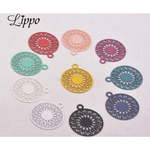 100pcs AA3739 15*17mm Brass Filigree Flat Round Charm Rose Gold And Silver Color Charms Jewelry Earring Pendant Parts